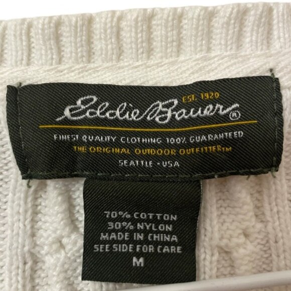 EDDIE BAUER white cable knit cardigan sweater butting front Medium - Picture 3 of 5